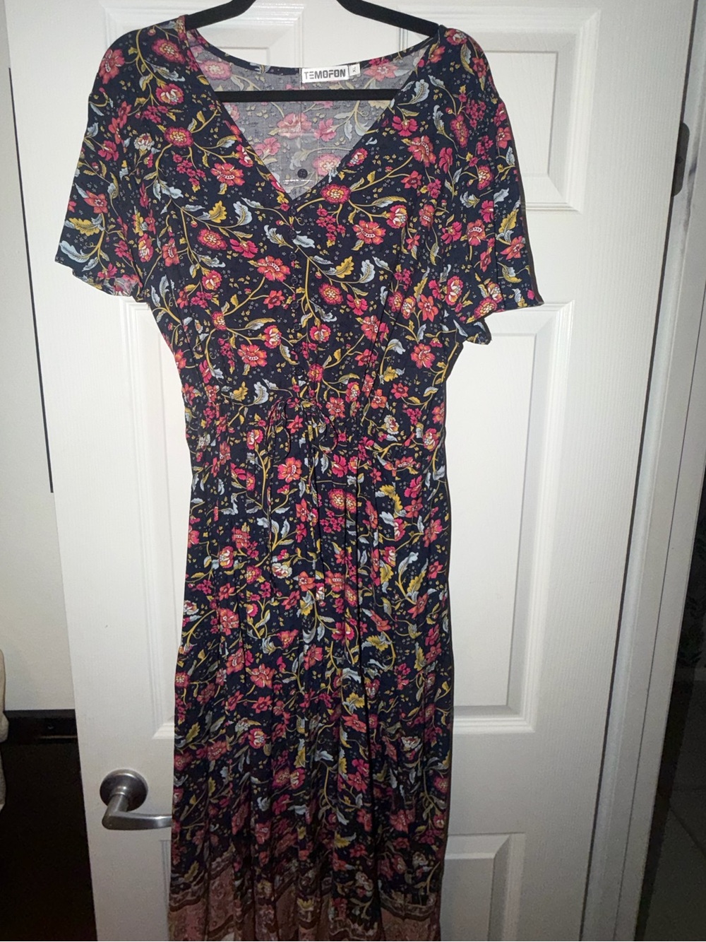 Tempor Floral V-Neck Black Maxi Dress with Pink & Multicolor Print